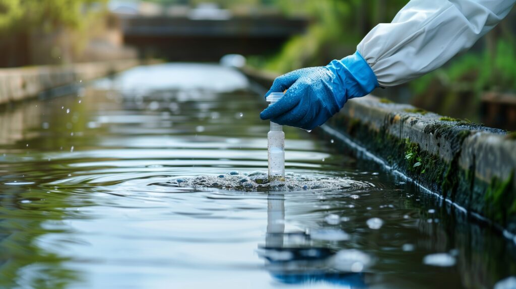 An environmental engineer in protective gear collects a water sample from a sewage treatment plant for PFAS testing and analysis based on EPA standards.