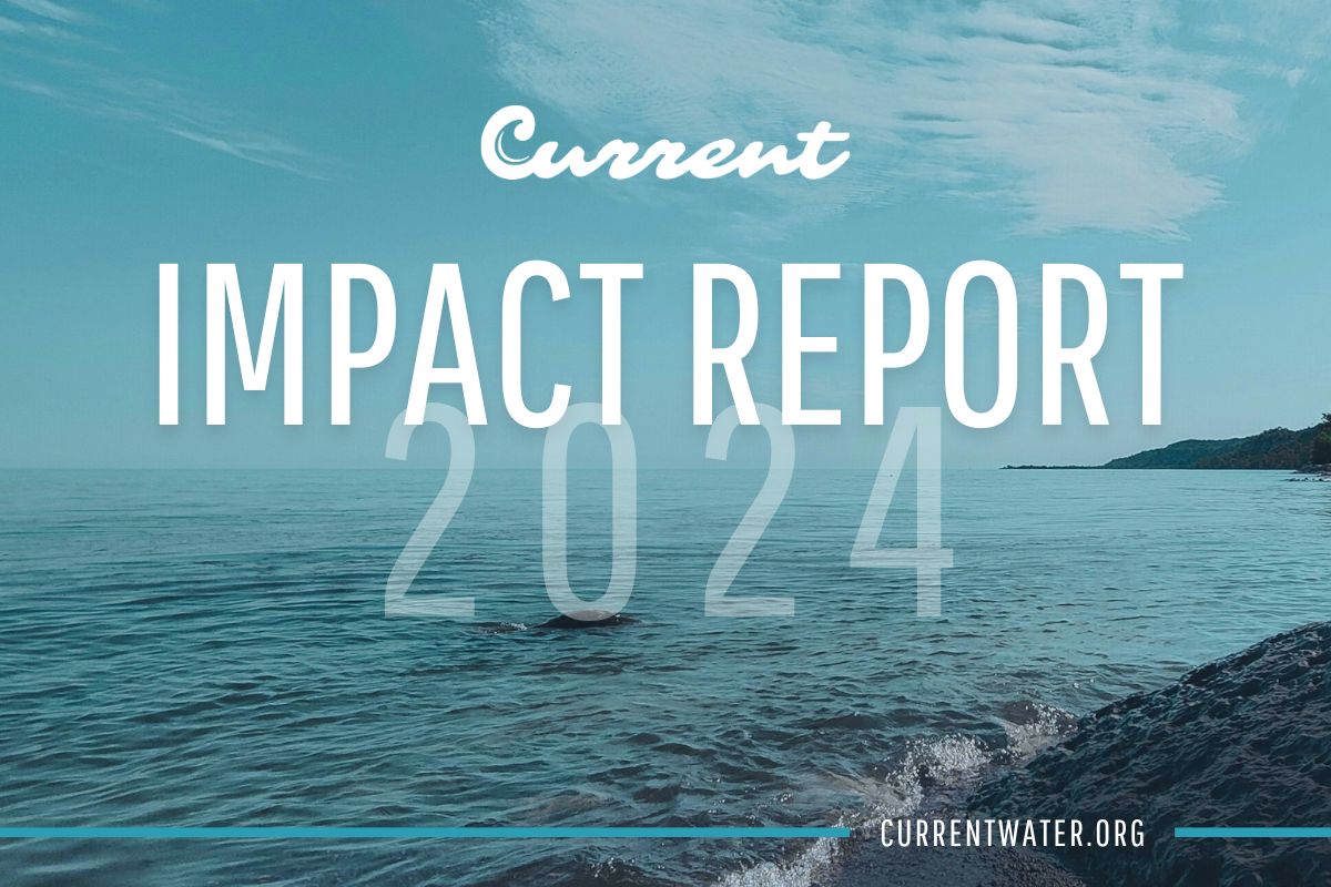 Cover of Current’s 2024 Impact Report featuring a calm, blue lake with a rocky shoreline and distant trees under a partly cloudy sky. Bold white text reads 'Impact Report 2024' with the organization's name 'Current' above and their website 'currentwater.org' at the bottom.